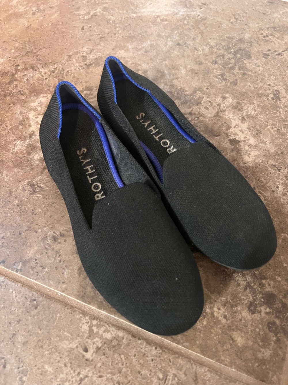 Rothy's Black Slip-On Loafers with Blue Trim